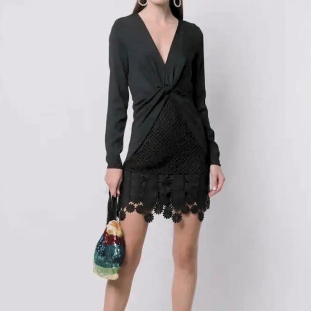 Self-Portrait Black Knotted V-Neck Guipure Lace Mini Dress‎ – Size US 4 - Picture 2 of 8